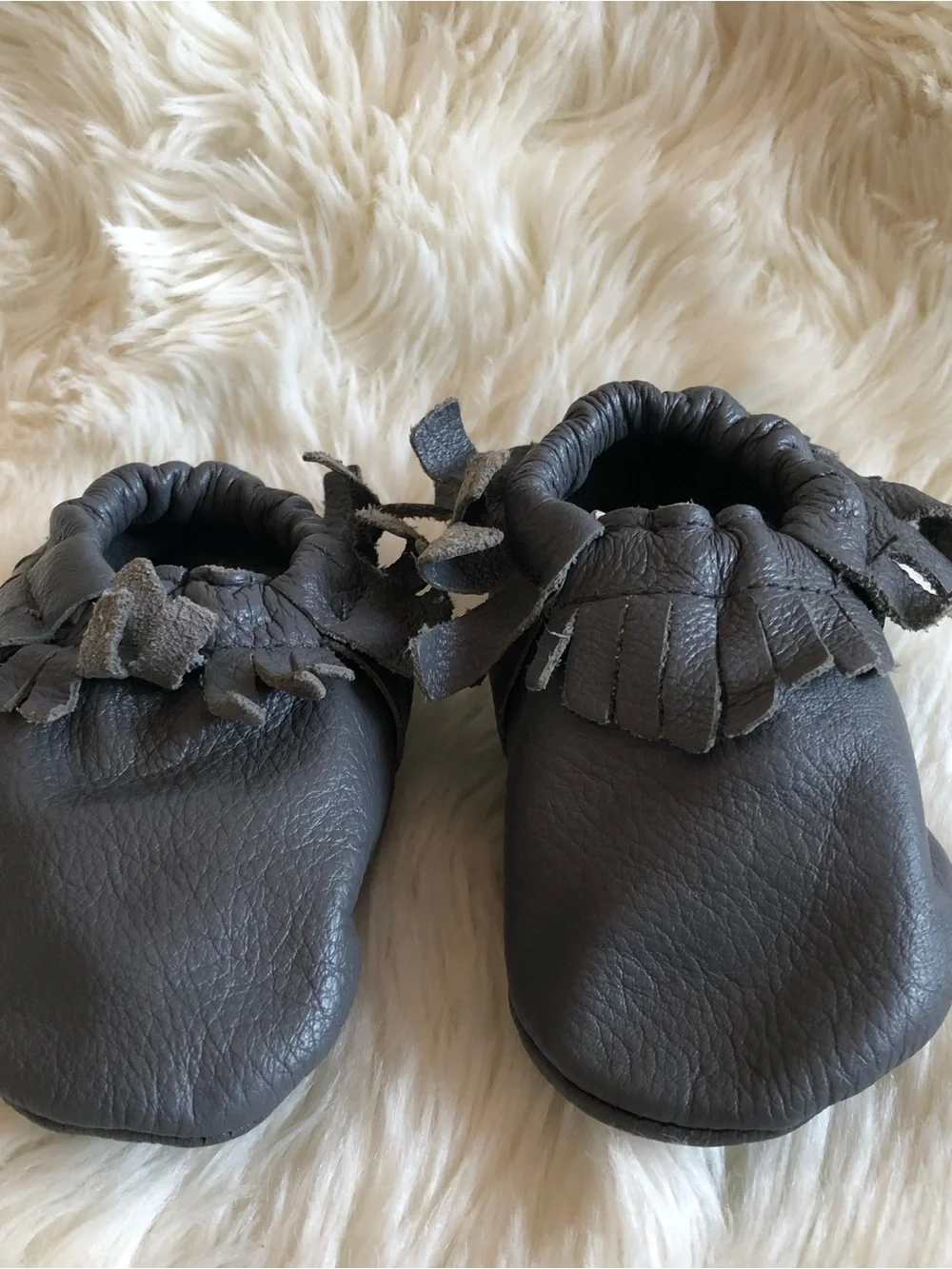 Lucky Love Gray Leather Soft Sole Baby Moccasins Fringe Crib Shoes | 3-6 months